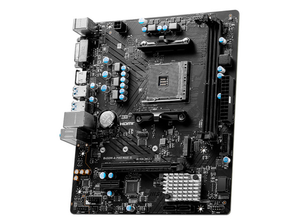 T. Madre MSI B450M-A PRO MAX II: Chipset AMD B450, Soporta: AMD Ryzen de 5ta, 4ta y 3ra Generación, Socket AM4, Memoria: DDR4 4133/3600/2667 MHz, 64GB Max, Integrado: Audio HD, Red, USB 3.2, SATA 3.0, Micro-ATX, Ptos: 1xPCIEx1, 1xPCIE x16.
