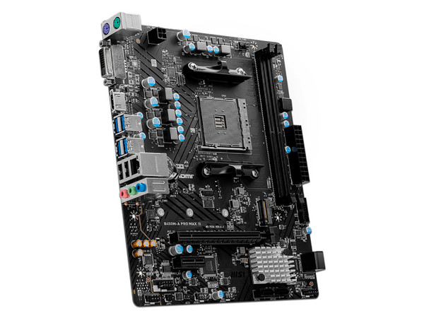T. Madre MSI B450M-A PRO MAX II: Chipset AMD B450, Soporta: AMD Ryzen de 5ta, 4ta y 3ra Generación, Socket AM4, Memoria: DDR4 4133/3600/2667 MHz, 64GB Max, Integrado: Audio HD, Red, USB 3.2, SATA 3.0, Micro-ATX, Ptos: 1xPCIEx1, 1xPCIE x16.
