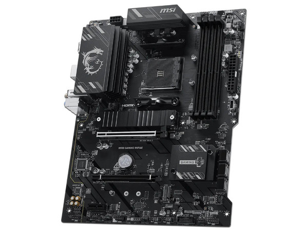 T. Madre MSI B550 GAMING WIFI6E,
Chipset AMD B550, 
Segmento: Gamer,
AMD Ryzen 3ra 4ta y 5ta Generación, Socket AM4,
RAM: DDR4 4800/2133 MHz, 128GB Máx,
Audio HD, WiFi 6E, USB 3.1, M.2, USB C, 
ATX, Ptos: 1xPCIEx16 4.0, 1xPCIEx16 3.0.