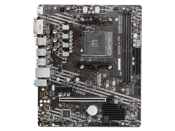 T. Madre MSI B550M-A PRO, 
ChipSet AMD B550,
Segmento: Medio,
Soporta: AMD Ryzen 3ra 4ta 5ta Generación, Socket AM4,
RAM: DDR4 4600+ / 3000 / 2133 MHz, 64GB Max,
Audio HD, Red, USB 3.2 y SATA 3.0, M.2,
Micro-ATX, Ptos: 1xPCIEx16, 1xPCIEx1.