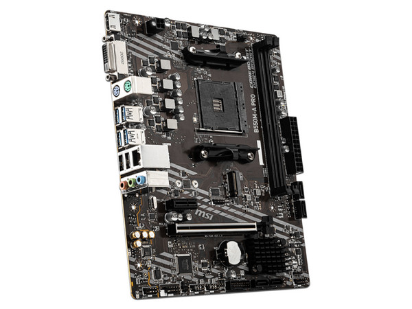T. Madre MSI B550M-A PRO, 
ChipSet AMD B550,
Segmento: Medio,
Soporta: AMD Ryzen 3ra 4ta 5ta Generación, Socket AM4,
RAM: DDR4 4600+ / 3000 / 2133 MHz, 64GB Max,
Audio HD, Red, USB 3.2 y SATA 3.0, M.2,
Micro-ATX, Ptos: 1xPCIEx16, 1xPCIEx1.