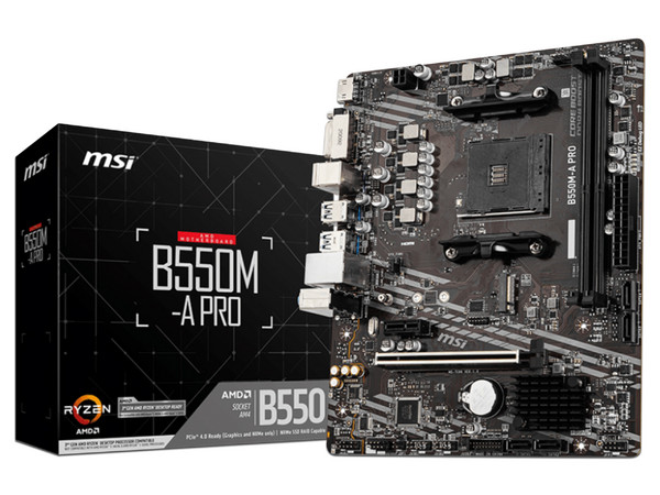 T. Madre MSI B550M-A PRO, 
ChipSet AMD B550,
Segmento: Medio,
Soporta: AMD Ryzen 3ra 4ta 5ta Generación, Socket AM4,
RAM: DDR4 4600+ / 3000 / 2133 MHz, 64GB Max,
Audio HD, Red, USB 3.2 y SATA 3.0, M.2,
Micro-ATX, Ptos: 1xPCIEx16, 1xPCIEx1.
