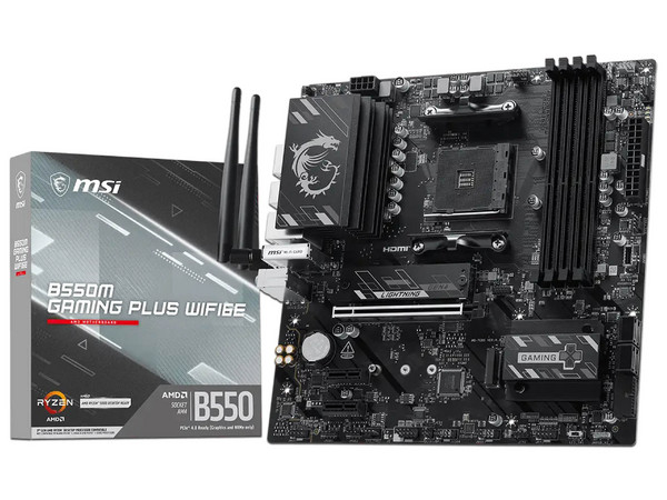T. Madre MSI B550M GAMING PLUS WIFI6E,
Chipset AMD B550, 
Segmento: Alto,
Soporta: AMD Ryzen 5000, 4000 y 3000, Socket AM4, 
Memoria: DDR4 4400+MT/s, 128GB Max,
Integrado: Wi-Fi, USB, M.2, 
Micro-ATX, Ptos: 1xPCIE4.0x16.