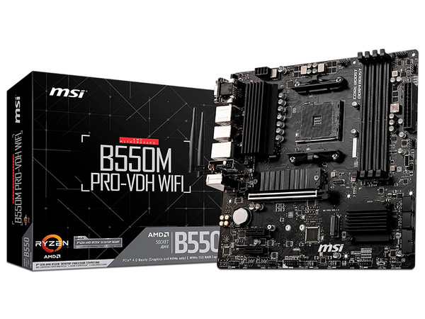 T. Madre MSI B550M PRO VDH WIFI,
Chipset AMD B550,
Segmento: Medio,
Soporta: AMD Ryzen 2nda y 3era Generación, Socket AM4,
RAM: DDR4 2133/ 3000/ 3200Mhz, 128GB Max,
Audio HD, Red, Wi-Fi 5
USB 3.1, SATA 3.0,
M-ATX, Ptos: 1xPCIE 4.0x16, 2xPCIE 2.0x1.