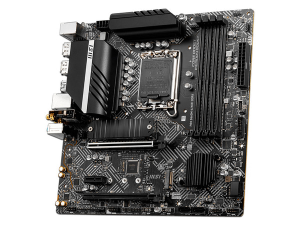 T. Madre MSI PRO B660M-A WIFI DDR4, Chipset Intel B660,
Soporta: Procesadores Intel de 12va Generación,
Memoria: DDR4 5333(OC)/4600/2133 MHz, 128GB Max,
Integrado: Audio HD, Wi-Fi 6, USB 3.1, SATA 3.0, M.2,
Micro-ATX, Ptos: 2xPCIEx16, 1xPCIEx1.