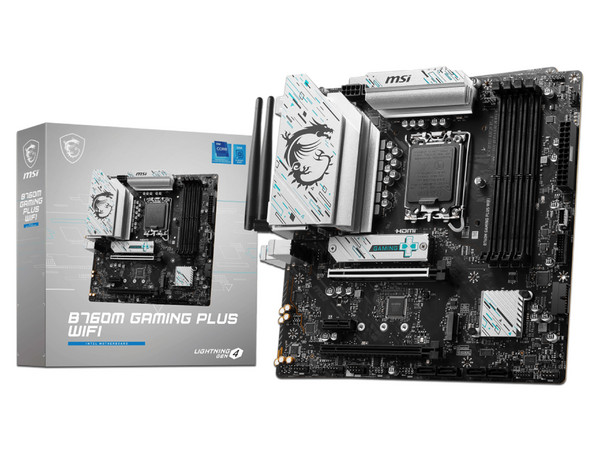 T. Madre MSI B760M GAMING PLUS WIFI,
Chipset Intel B760, Segmento: Alto/Gamer,
Soporta: Intel 14va, 13va y 12va Gen, Socket 1700,
Memoria: DDR5 6800/5800/4800MHz, 256GB Máx,
AudioHD, Wi-Fi 6E, USB 3.2, SATA 3.0, M.2,
Micro-ATX, Ptos: 2xPCIE4.0x16.
