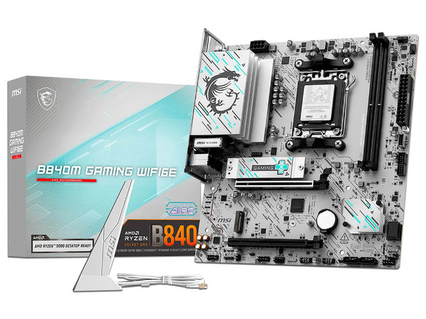 T. Madre MSI B840M GAMING WIFI6E,
Chipset AMD B840,
Segmento: Alto,
Soporta: Procesadores AMD Serie 9000, 8000 y 7000, Socket AM5, 
Memoria: DDR5 8000 - 5600MHz, 128GB Max, 
Integrado: USB, USB-C, M.2, Wi-Fi, 
Micro-ATX, Ptos: 1xPCIE4.0x16.
