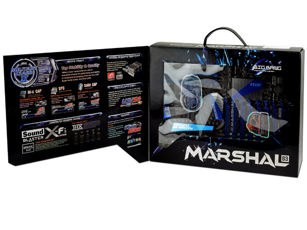 T. Madre MSI Big Bang Marshal B3, ChipSet Intel P67,
Soporta: Core i7/i5/i3 de Socket 1155,
Integrado: Audio HD, Red,
USB 3.0 y Serial ATA 3.0,
Memoria: 2133/1866(OC) 32GB Max,
Diseño XL-ATX, Ptos: 8xPCIEX16