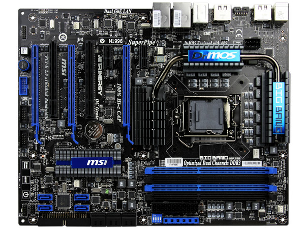 T. Madre MSI Big Bang Trinergy, ChipSet Intel P55,
Soporta: Core i5 / Core i7 de Socket 1156,
Integrado: Audio 7.1, Red 10/100/1000,
Memoria: DDR3 2133 (O.C.)/2000(O.C.)/1066MHz, 16GBMax,
ATX, Ptos: 3xPCEx16, 2xPCIEx1, 2xPCI  