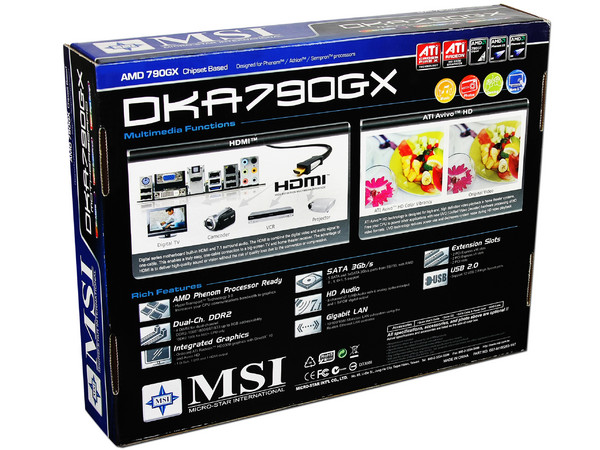 T. Madre MSI DKA790GX, ChipSet AMD 760G,
Soporta: Phenom II X3 y X4 Soporta AM2+ y AM3, 
Integrado: Video Radeon HD3000, Audio HD, Red,
Memoria: DDR2 1066(O.C.)/800MHz, 4Bancos, 8GB Max,
Diseño mATX, Ptos: 2xPCIEX16, 2xPCIEX1, 2xPCI