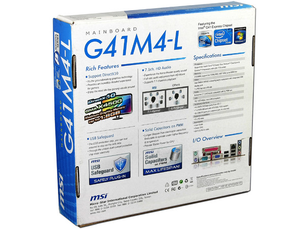 Tarjeta Madre MSI G41M4-L, ChipSet Intel G41,
Soporta: Core 2 Quad, Core 2 Duo, 1333/1066MHz,
Memoria: DDR2 800/667MHz, 2Bancos, 8GBMax,
Integrado: Video Intel, Audio HD, Red, Diseño:mATX,
Puertos: 1xPCIEx16, 2xPCI