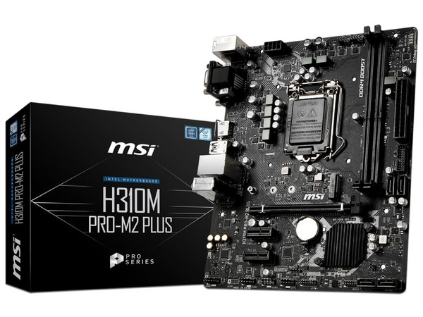 T. Madre MSI H310M PRO-M2 PLUS, Chipset Intel H310, Soporta: 
Core i7 / i5 / i3 / Pentium / Celeron de 8va. y 9va.Gen.,
Socket 1151, Memoria: DDR4 2666 MHz, 32GB Max, 
Integrado: Audio HD, Red, USB 3.0, SATA 3.0, 
Micro-ATX, Ptos: 1xPCIEx16, 2xPCIEx1