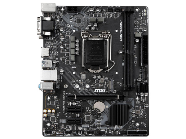T. Madre MSI H310M PRO-M2 PLUS, Chipset Intel H310, Soporta: 
Core i7 / i5 / i3 / Pentium / Celeron de 8va. y 9va.Gen.,
Socket 1151, Memoria: DDR4 2666 MHz, 32GB Max, 
Integrado: Audio HD, Red, USB 3.0, SATA 3.0, 
Micro-ATX, Ptos: 1xPCIEx16, 2xPCIEx1