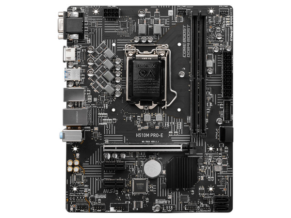 T. Madre MSI H510M PRO-E, Chipset Intel H510,
Soporta Intel 10ma y 11va Generación, Socket 1200,
Memoria: DDR4 3200/2666/2133 MHz, 64GB Max,
Integrado: Audio HD, Red,
USB 3.2, SATA 3.0,
Micro-ATX, Ptos: 1xPCIE4.0, 1xPCIE3.0.