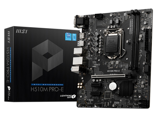 T. Madre MSI H510M PRO-E, Chipset Intel H510,
Soporta Intel 10ma y 11va Generación, Socket 1200,
Memoria: DDR4 3200/2666/2133 MHz, 64GB Max,
Integrado: Audio HD, Red,
USB 3.2, SATA 3.0,
Micro-ATX, Ptos: 1xPCIE4.0, 1xPCIE3.0.