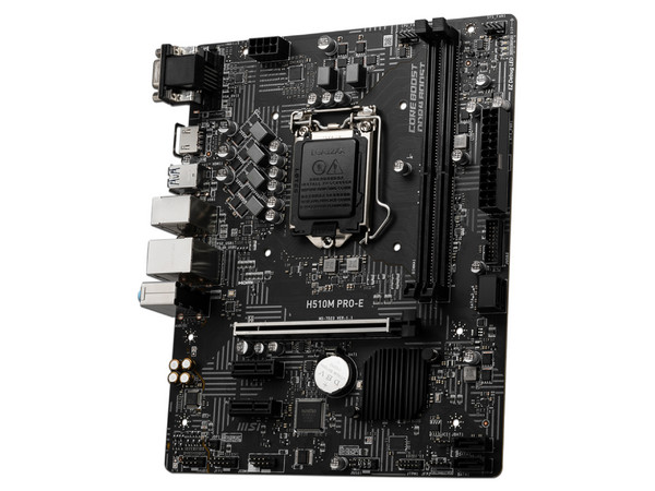 T. Madre MSI H510M PRO-E, Chipset Intel H510,
Soporta Intel 10ma y 11va Generación, Socket 1200,
Memoria: DDR4 3200/2666/2133 MHz, 64GB Max,
Integrado: Audio HD, Red,
USB 3.2, SATA 3.0,
Micro-ATX, Ptos: 1xPCIE4.0, 1xPCIE3.0.