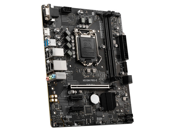 T. Madre MSI H510M PRO-E, Chipset Intel H510,
Soporta Intel 10ma y 11va Generación, Socket 1200,
Memoria: DDR4 3200/2666/2133 MHz, 64GB Max,
Integrado: Audio HD, Red,
USB 3.2, SATA 3.0,
Micro-ATX, Ptos: 1xPCIE4.0, 1xPCIE3.0.