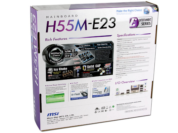 T. Madre MSI H55M-E23, ChipSet Intel H55, 
Soporta: Core i7, Core i5 y Core i3 de Socket 1156, 
Integrado: Audio 7.1, Red 10/100/1000Mbps, 
Memoria: DDR3 1600(OC)/1333/1066MHz, 8GB Max, 
mATX, Ptos: 1xPCEx16, 2xPCIEx1, 1xPCI