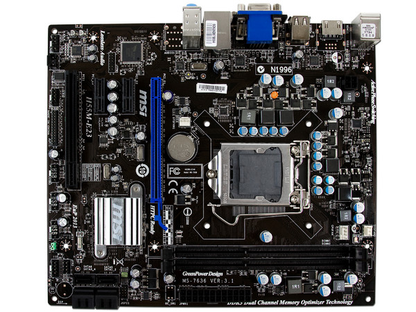 T. Madre MSI H55M-E23, ChipSet Intel H55, 
Soporta: Core i7, Core i5 y Core i3 de Socket 1156, 
Integrado: Audio 7.1, Red 10/100/1000Mbps, 
Memoria: DDR3 1600(OC)/1333/1066MHz, 8GB Max, 
mATX, Ptos: 1xPCEx16, 2xPCIEx1, 1xPCI