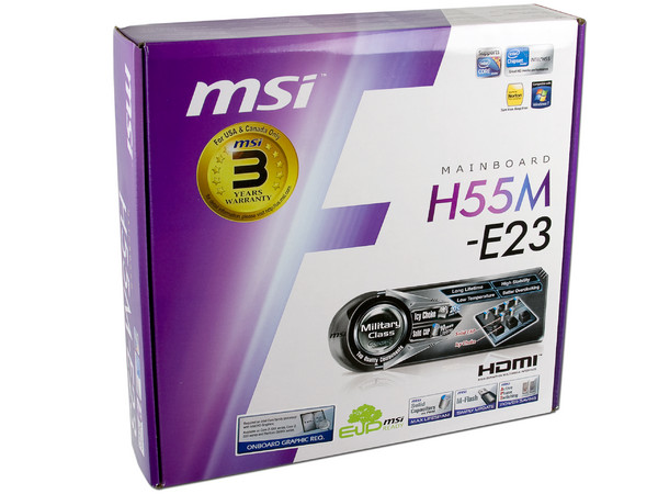 T. Madre MSI H55M-E23, ChipSet Intel H55, 
Soporta: Core i7, Core i5 y Core i3 de Socket 1156, 
Integrado: Audio 7.1, Red 10/100/1000Mbps, 
Memoria: DDR3 1600(OC)/1333/1066MHz, 8GB Max, 
mATX, Ptos: 1xPCEx16, 2xPCIEx1, 1xPCI