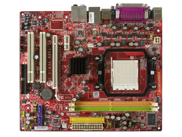 T. Madre MSI K9N6PGM2-V, Chipset NVIDIA nForce 430,
Soporta: Phenom, Athlon 64/Athlon 64 X2, Socket AM2+,
Memoria: DDR2 800/667/533, 2 Bancos, 4GB Max,
Integrado: Audio HD, Red, Video GeForce 6100,
Diseño: MATX, Ptos:1xPCIEx16, 1xPCIEx1, 2xPCI