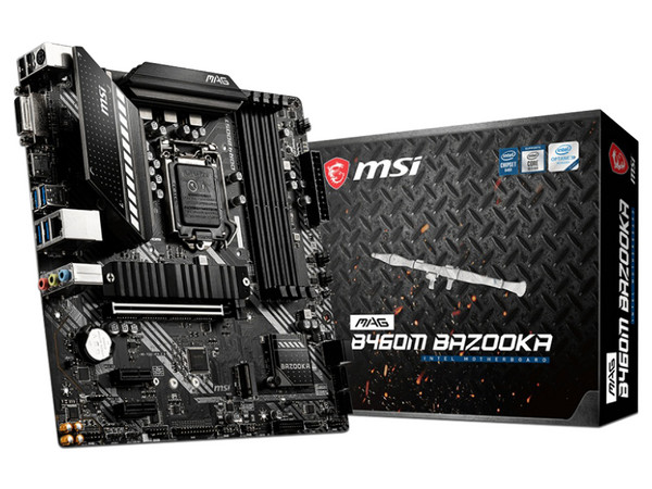 T. Madre MSI B460M Bazooka, Chipset Intel B460, Soporta: Procesadores Intel Core / Pentium Oro / Celeron de 10ma. Gen, Socket 1200 Memoria: DDR4 2666/2933 MHz, 128GB Máx., Integrado: Audio HD, Red, USB 3.2, SATA 3.0, Micro-ATX, Ptos: 1xPCIEx16, 2xPCIEx1.