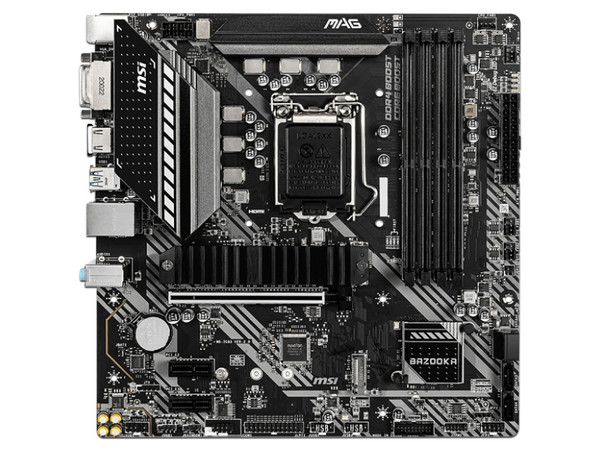 T. Madre MSI B460M Bazooka, Chipset Intel B460, Soporta: Procesadores Intel Core / Pentium Oro / Celeron de 10ma. Gen, Socket 1200 Memoria: DDR4 2666/2933 MHz, 128GB Máx., Integrado: Audio HD, Red, USB 3.2, SATA 3.0, Micro-ATX, Ptos: 1xPCIEx16, 2xPCIEx1.