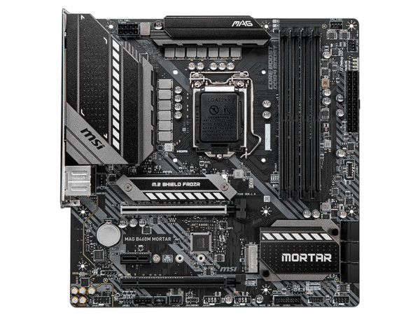 T. Madre MSI B460M MORTAR MAG, Chipset Intel B460,
Soporta: Core i9 / i7 / i5 / i3 / Pentium Gold / Celeron de 10ma. Gen., Socket 1200,
Memoria: DDR4 2933 / 2666 / 2133 MHz, 128GB Max,
Integrado: Audio HD, Red,
USB 3.0, SATA 3.0,
Micro-ATX