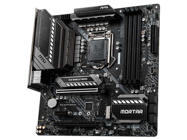 T. Madre MSI B460M MORTAR MAG, Chipset Intel B460,
Soporta: Core i9 / i7 / i5 / i3 / Pentium Gold / Celeron de 10ma. Gen., Socket 1200,
Memoria: DDR4 2933 / 2666 / 2133 MHz, 128GB Max,
Integrado: Audio HD, Red,
USB 3.0, SATA 3.0,
Micro-ATX