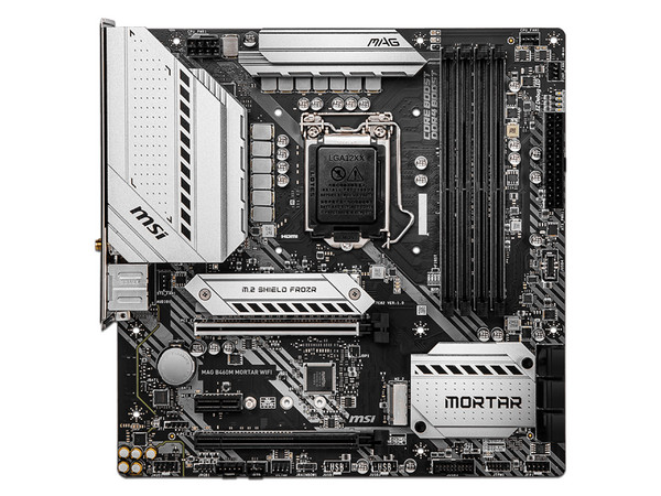 T. Madre MSI B460M MORTAR WIFI, Chipset Intel B460,
Soporta: Core i9 / i7 / i5 / i3 / Pentium Gold / Celeron de 10ma. Gen, Socket 1200,
Memoria: DDR4 2933 / 2666 / 2133 MHz, 128GB Max,
Integrado: Audio HD, Red, Wi-Fi, Bluetooth,
Micro-ATX
