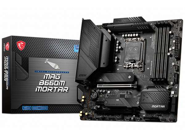 T. Madre MSI MAG B660M MORTAR, ChipSet Intel B660,
Soporta: Intel 12va Generación de Socket 1700,
Memoria: DDR5 6200 / 5400 / 4800 MHz, 128GB Max,
Integrado: Audio HD, Red, USB 3.2 y SATA 3.0, M.2,
Micro-ATX, Ptos: 2xPCIEx16, 1xPCIEx1.