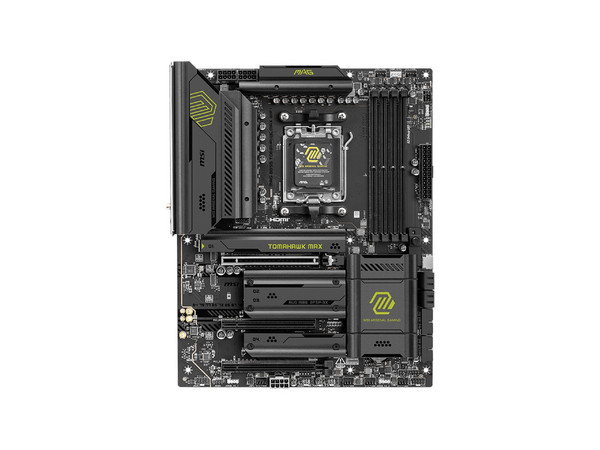 T. Madre MSI Mag B850 Tomahawk Max WIFI:
Chipset AMD B850,
Segmento: Alto/Gamer,
Soporta: AMD Ryzen 9000, 8000 y 7000 Series, 
Memoria: DDR5 hasta 8400MHz, 256GB Máx, 
Integrado: Audio HD, Red, USB 3.0, M.2, 
ATX, Ptos: 1xPCIE5.0x16, 1xPCIE4.0x1.