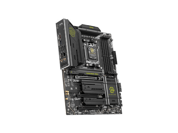 T. Madre MSI Mag B850 Tomahawk Max WIFI:
Chipset AMD B850,
Segmento: Alto/Gamer,
Soporta: AMD Ryzen 9000, 8000 y 7000 Series, 
Memoria: DDR5 hasta 8400MHz, 256GB Máx, 
Integrado: Audio HD, Red, USB 3.0, M.2, 
ATX, Ptos: 1xPCIE5.0x16, 1xPCIE4.0x1.