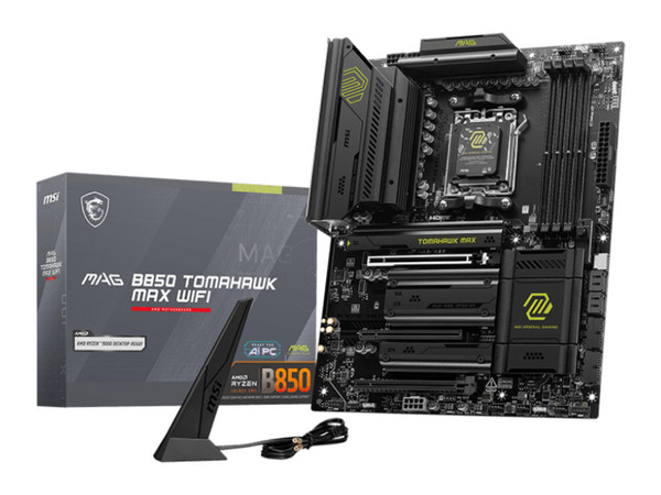 T. Madre MSI Mag B850 Tomahawk Max WIFI:
Chipset AMD B850,
Segmento: Alto/Gamer,
Soporta: AMD Ryzen 9000, 8000 y 7000 Series, 
Memoria: DDR5 hasta 8400MHz, 256GB Máx, 
Integrado: Audio HD, Red, USB 3.0, M.2, 
ATX, Ptos: 1xPCIE5.0x16, 1xPCIE4.0x1.
