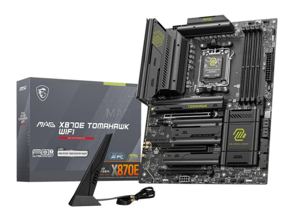 T. Madre MSI MAG X870E TOMAHAWK WIFI: Chipset AMD X870E, 
Soporta: AMD Ryzen 7ma, 8va y 9na Generación, Socket AM5,
Memoria: DDR5 8400/ 6800/ 4800MHz, Max 192GB, 
Integrado: AudioHD, Wi-Fi 7, USB 3.2, SATA, M.2, 
ATX, 1xPCIE5.0x16, 1xPCIE4.0x16.