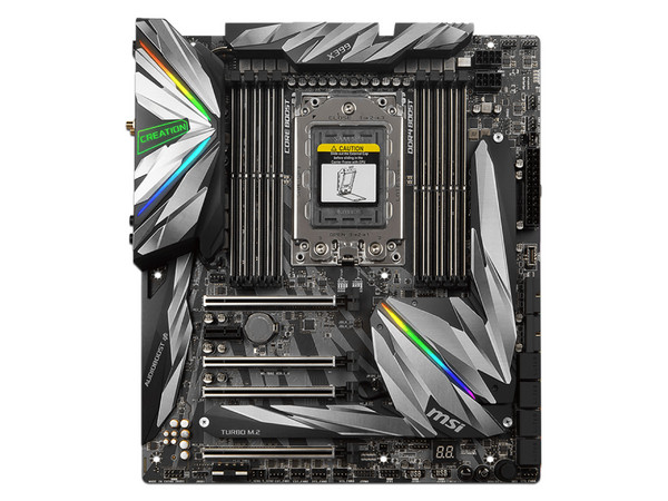 T. Madre MSI MEG X399 Creation, ChipSet AMD X399, Soporta: Procesadores AMD Ryzen de Socket TR4, Memoria: DDR4 3600+ /3466/3333/3200/3066/2933/2800/2667/2400/2133 MHz, 128 GB Max, USB 3.1, Integrado: Audio HD, Red Gigabit, Ptos: 4xPCIE x16 E-ATX.