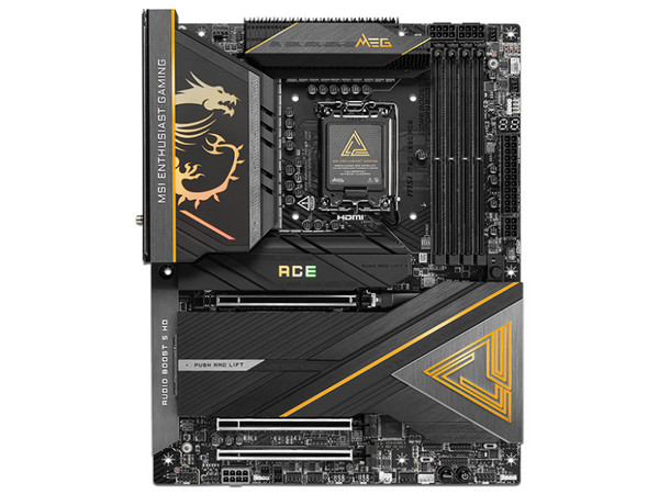 T. Madre MSI MEG Z890 ACE, 
Chipset Z890,
Segmento: Alto/Gamer,
Soporta: Procesadores Intel Core Ultra (Series 2), Socket LGA 1851,
Memoria: DDR5, hasta 7800+ MHz (OC), máx. 192GB,
Audio HD, LAN, Wi-Fi 7, USB 3.2, SATA, M.2,
ATX.