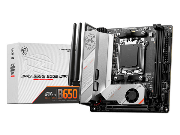 T. Madre MSI MPG B650I EDGE WIFI, Chipset B650,
Soporta: AMD Ryzen Serie 7000, Socket AM5,
Memoria: DDR5 7200+(OC)/6200(OC)/4800 MHz,
Integrado: Audio HD, Red, Wi-Fi 6E, USB 3.2,
SATA 3.0, M.2,
Mini-ITX, Ptos: 1xPCIE4.0x16
