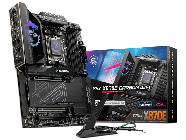T. Madre MSI MPG X870E CARBON WIFI, 
Chipset AMD X870,
Segmento: Alto/Gamer,
Soporta: Procesadores AMD Serie 9000, 8000 y 7000, Socket AM5,
RAM: DDR5 8400/6400/4800MHz, 256GB Max,
Wi-Fi 7, USB-C 3.2, M.2,
ATX, Ptos: 2xPCIE5.0x16, 1xPCIE4.0x16.