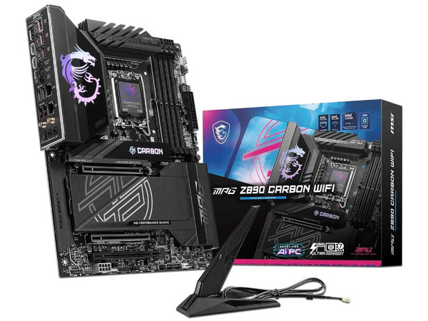 T. Madre MSI MPG Z890 CARBON WIFI:
Chipset Intel Z890,
Segmento: Alto/Gamer,
Soporta: Intel Core Ultra, Socket 1851,
RAM: DDR5 9200/ 7600/ 4800MHz, Máx. 256GB, 
AudioHD, Wi-Fi 7, USB 3.2, SATA, M.2,
ATX, Ptos: 2xPCIE5.0x16, 1xPCIE4.0x16.