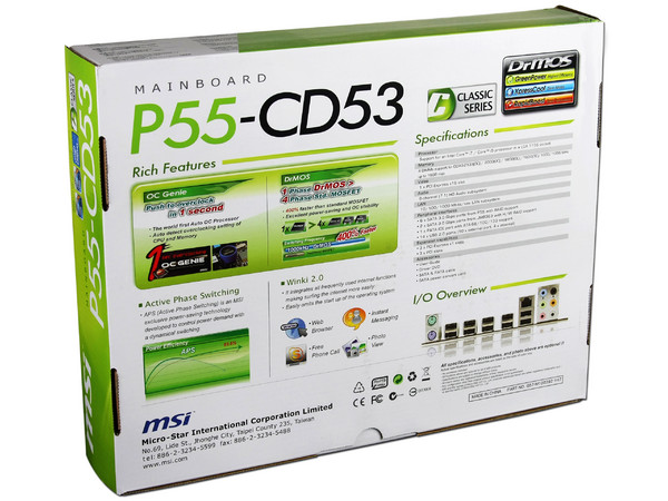 T. Madre MSI P55-CD53, ChipSet Intel P55,
Soporta: Core i7 y Core i5 de Socket 1156,
Integrado: Audio 7.1, Red 10/100/1000Mbps,
Memoria: DDR3 1600(OC)/1333/1066MHz, 16GB Max,
ATX, Ptos: 1xPCEx16, 3xPCIEx1, 3xPCI