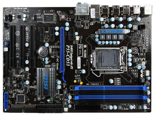 T. Madre MSI P55-CD53, ChipSet Intel P55,
Soporta: Core i7 y Core i5 de Socket 1156,
Integrado: Audio 7.1, Red 10/100/1000Mbps,
Memoria: DDR3 1600(OC)/1333/1066MHz, 16GB Max,
ATX, Ptos: 1xPCEx16, 3xPCIEx1, 3xPCI