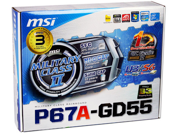 T. Madre MSI P67A-GD55-B3, ChipSet Intel P67 Exp.,
Soporta: Core i7/i5/i3 de Socket 1155,
Integrado: Audio, Red Gigabit,
USB 3.0 y SATA 3.0,
Memoria: 1600(O.C.)/1333/1066MHz, 32GB Max,
ATX, Ptos: 2xPCIEx16, 3xPCIEx1