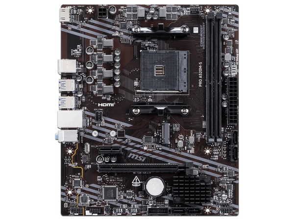 T. Madre MSI PRO A520M-S,
Chipset AMD A520,
Segmento: Básico,
Soporta: AMD Ryzen 3ra, 4ta y 5ta Generación, Socket AM4,
RAM: DDR4 4600/ 3200/ 2133 MHz, 64GB Max,
Integrado: Audio HD, Red, USB 3.0, SATA 3.0, M.2,
M-ATX, Ptos: 1xPCIEx16 3.0.