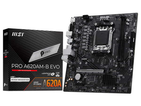 T. Madre MSI PRO A620AM-B EVO,
Chipset AMD A620,
Segmento: Básico,
Soporta: Procesador AMD Ryzen 7ma, 8va y 9na Generación, Socket AM5,
RAM: DDR5 6800/4800 MHz, 128GB Max,
Audio HD, Red, USB, SATA 3.0, M.2,
Micro-ATX, Ptos: PCIe 4.0 x16.