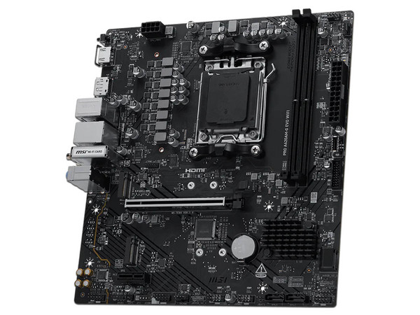 T. Madre MSI PRO A620AM-G EVO WIFI,
Chipset AMD A620,
Segmento: Básico,
Soporta: Procesador AMD Ryzen 7ma, 8va y 9na Generación, Socket AM5,
RAM: DDR5 7200/5600 MHz, 128GB Max,
Audio HD, Red, Wi-Fi, USB, SATA 3.0, M.2,
Micro-ATX, Ptos: PCIe 4.0 x16.
