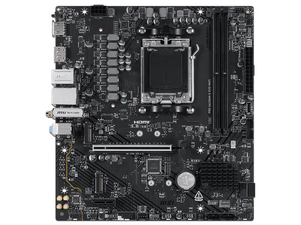 T. Madre MSI PRO A620AM-G EVO WIFI,
Chipset AMD A620,
Segmento: Básico,
Soporta: Procesador AMD Ryzen 7ma, 8va y 9na Generación, Socket AM5,
RAM: DDR5 7200/5600 MHz, 128GB Max,
Audio HD, Red, Wi-Fi, USB, SATA 3.0, M.2,
Micro-ATX, Ptos: PCIe 4.0 x16.