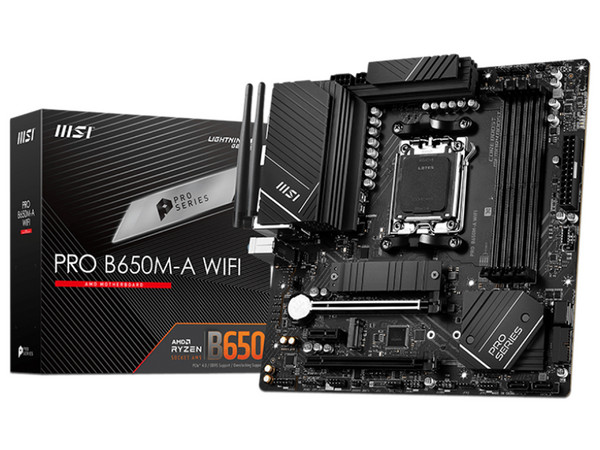 T. Madre MSI PRO B650M-A WIFI, Chipset AMD B650,
Soporta: AMD Ryzen 7ma Generación, Socket AM5,
Memoria: DDR5 6400/4800 MHz, 128GB Max,
Integrado: Audio HD, Red, Wi-Fi, USB 3.2, SATA 3.0,
Micro-ATX, Ptos: 1xPCIE 4.0 x16.