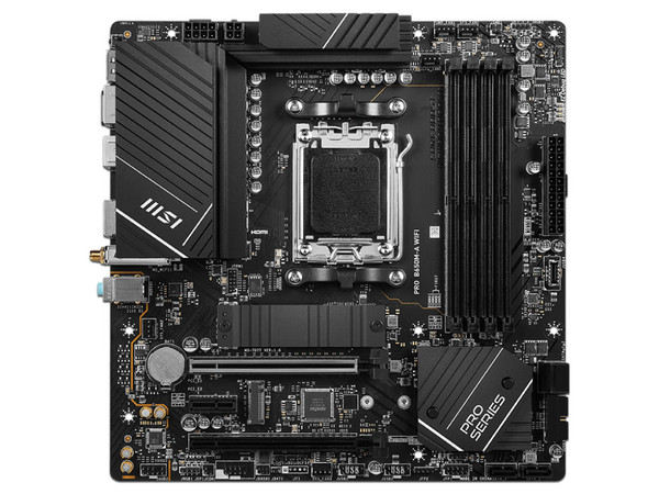 T. Madre MSI PRO B650M-A WIFI, Chipset AMD B650,
Soporta: AMD Ryzen 7ma Generación, Socket AM5,
Memoria: DDR5 6400/4800 MHz, 128GB Max,
Integrado: Audio HD, Red, Wi-Fi, USB 3.2, SATA 3.0,
Micro-ATX, Ptos: 1xPCIE 4.0 x16.