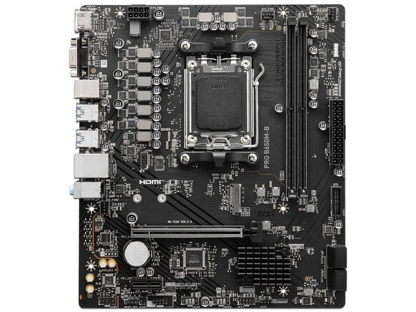 T. Madre MSI PRO B650M-B,
Chipset AMD B650,
Segmento: Básico,
Soporta: Procesadores AMD Serie 9000, 8000 y 7000, Socket AM5,
Memoria: DDR5 6800/6000(OC)/4800MHz, 128GB Max,
Red, Audio HD, USB 3.2, M.2,
Micro-ATX, Ptos: 1xPCIe4.0x16, 1xPCIe3.0x1.